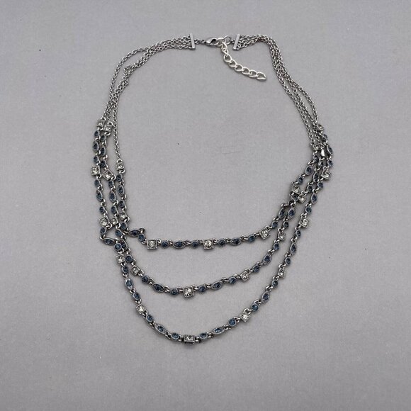 Givenchy Blue & Clear Crystal Multi Strand Necklace Silver-Tone 18 to 20 in - Picture 2 of 7